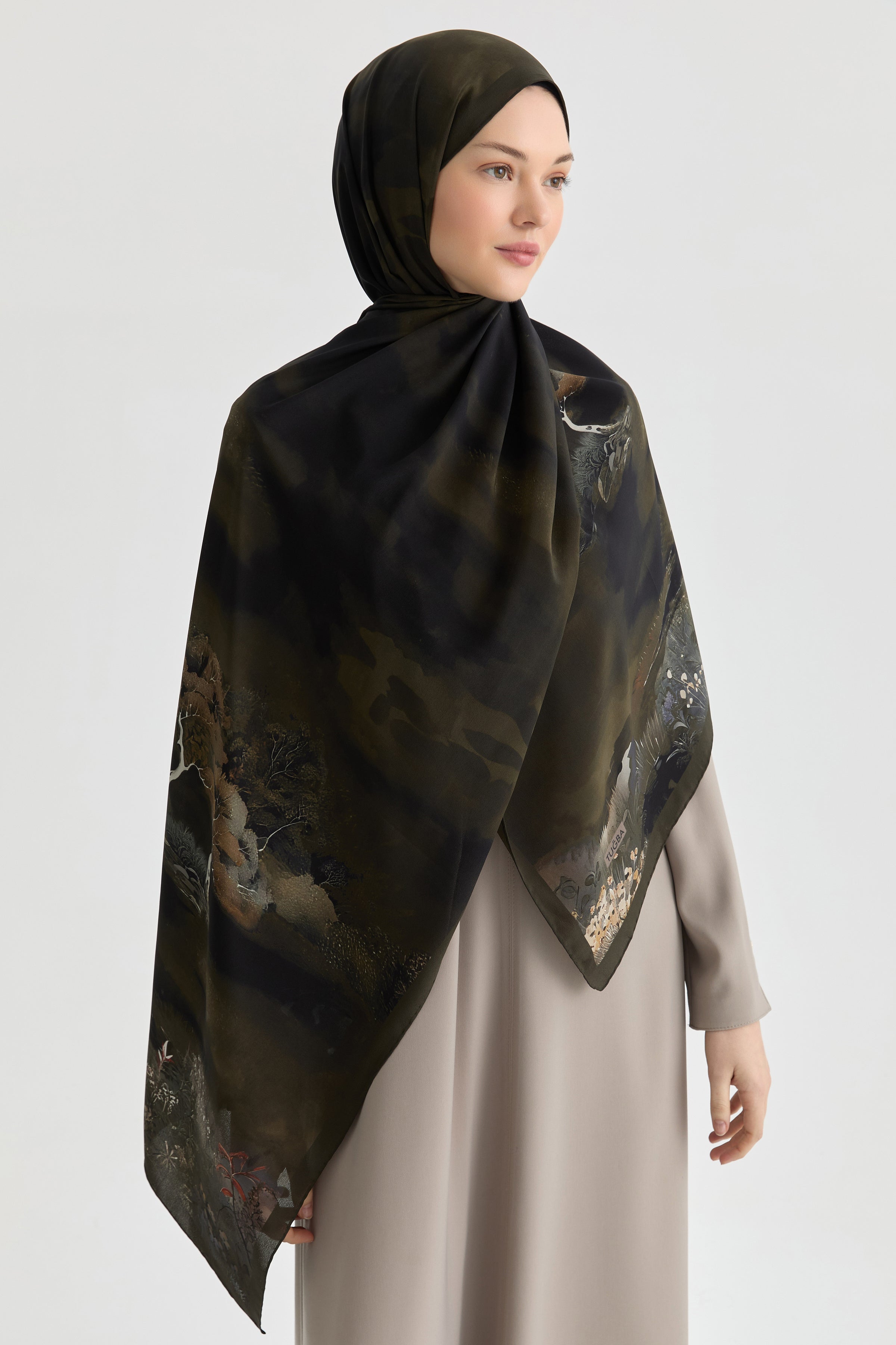 Maren Krep İpek Şal - Haki TUGBA