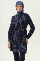 Hakim Yaka Büzgülü Floral Yaprak Desenli Tunik - Lacivert TUGBA