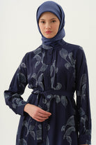Hakim Yaka Büzgülü Floral Yaprak Desenli Tunik - Lacivert TUGBA