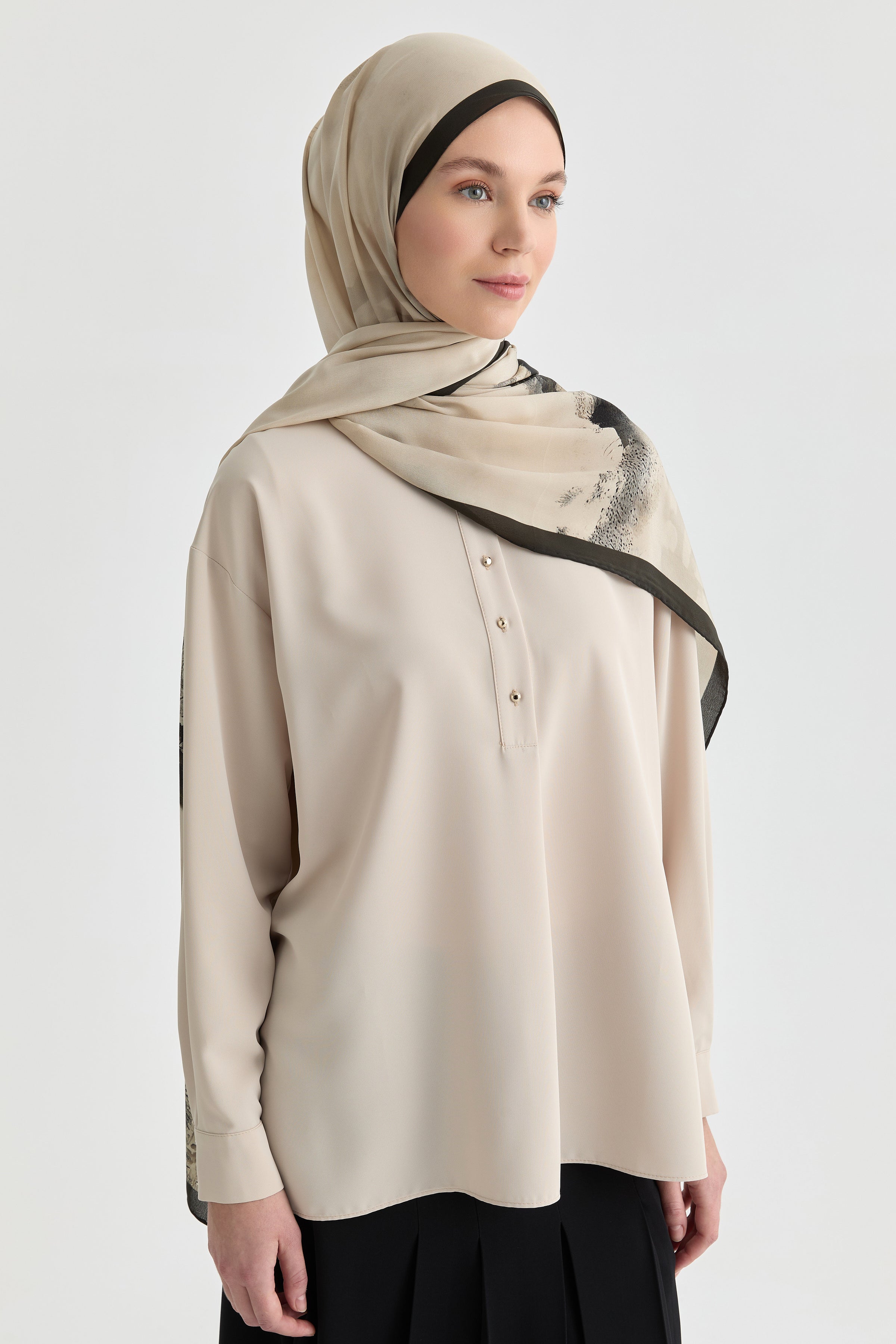 Maren Krep İpek Şal - Bej - Haki TUGBA