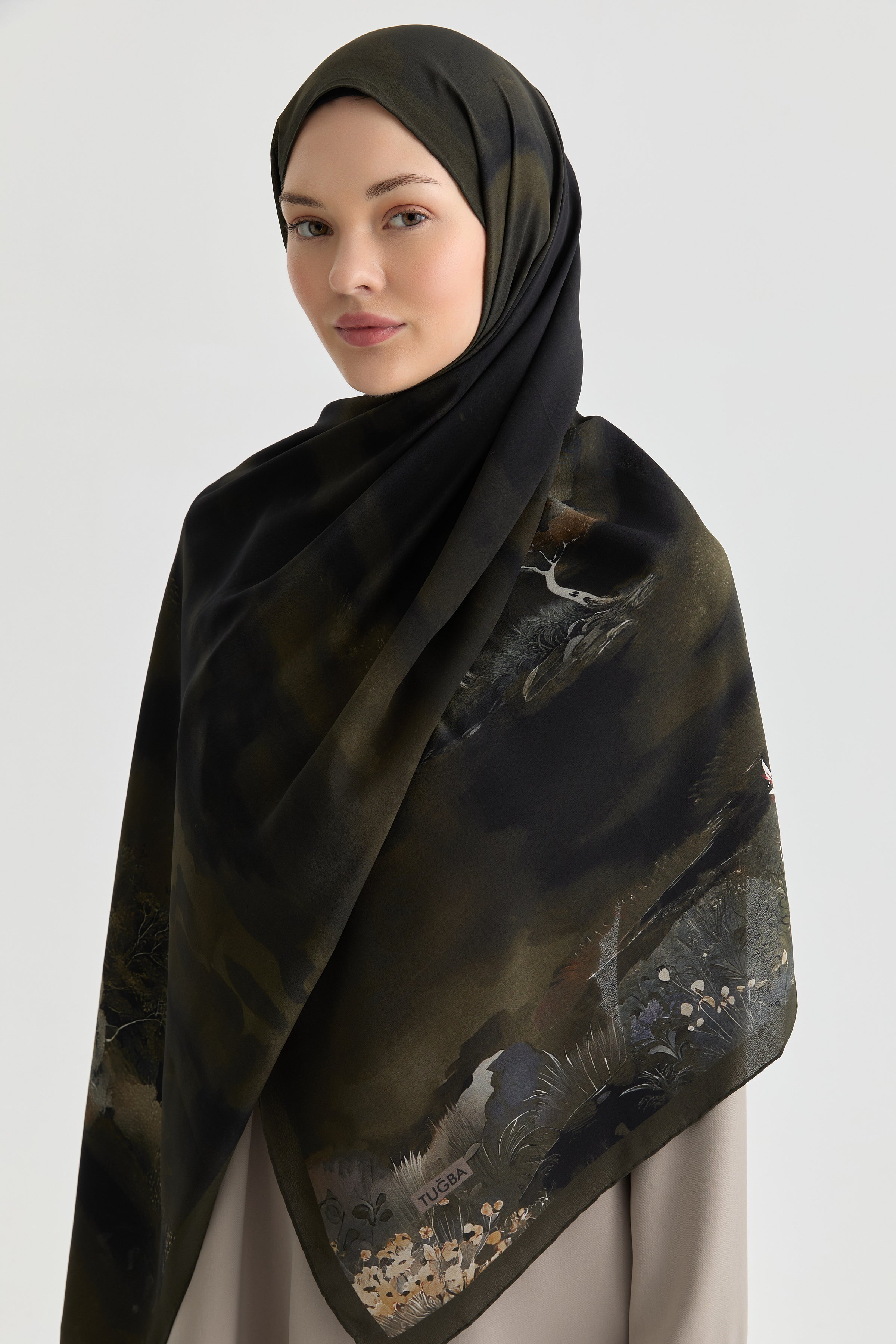 Maren Krep İpek Şal - Haki TUGBA
