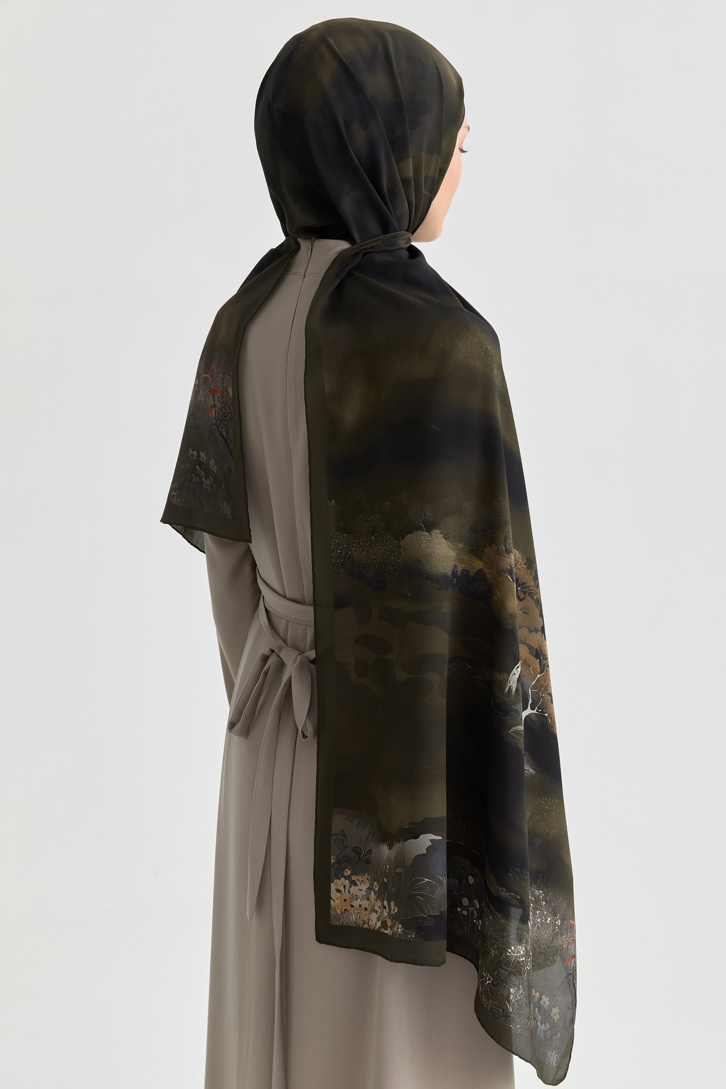 Maren Krep İpek Şal - Haki TUGBA