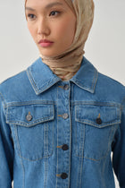 İki Cepli Uzun Kollu Kısa Denim Ceket - İndigo TUGBA