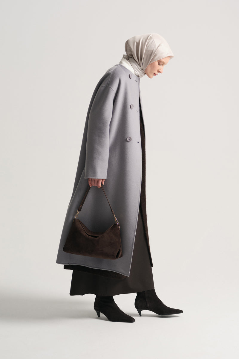 Genuine Suede Leather Shoulder Bag - Dark Brown