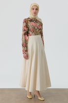 İnce Pile Detaylı Etek - Ekru TUGBA