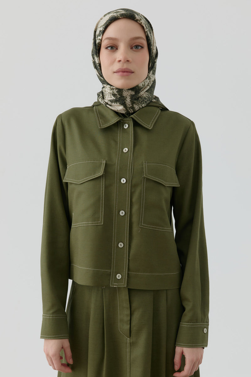 İzel Twill İpek Eşarp - Haki TUGBA
