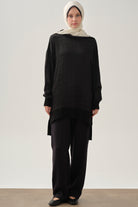 Jakar Desenli Triko Detaylı Tunik - Siyah TUGBA