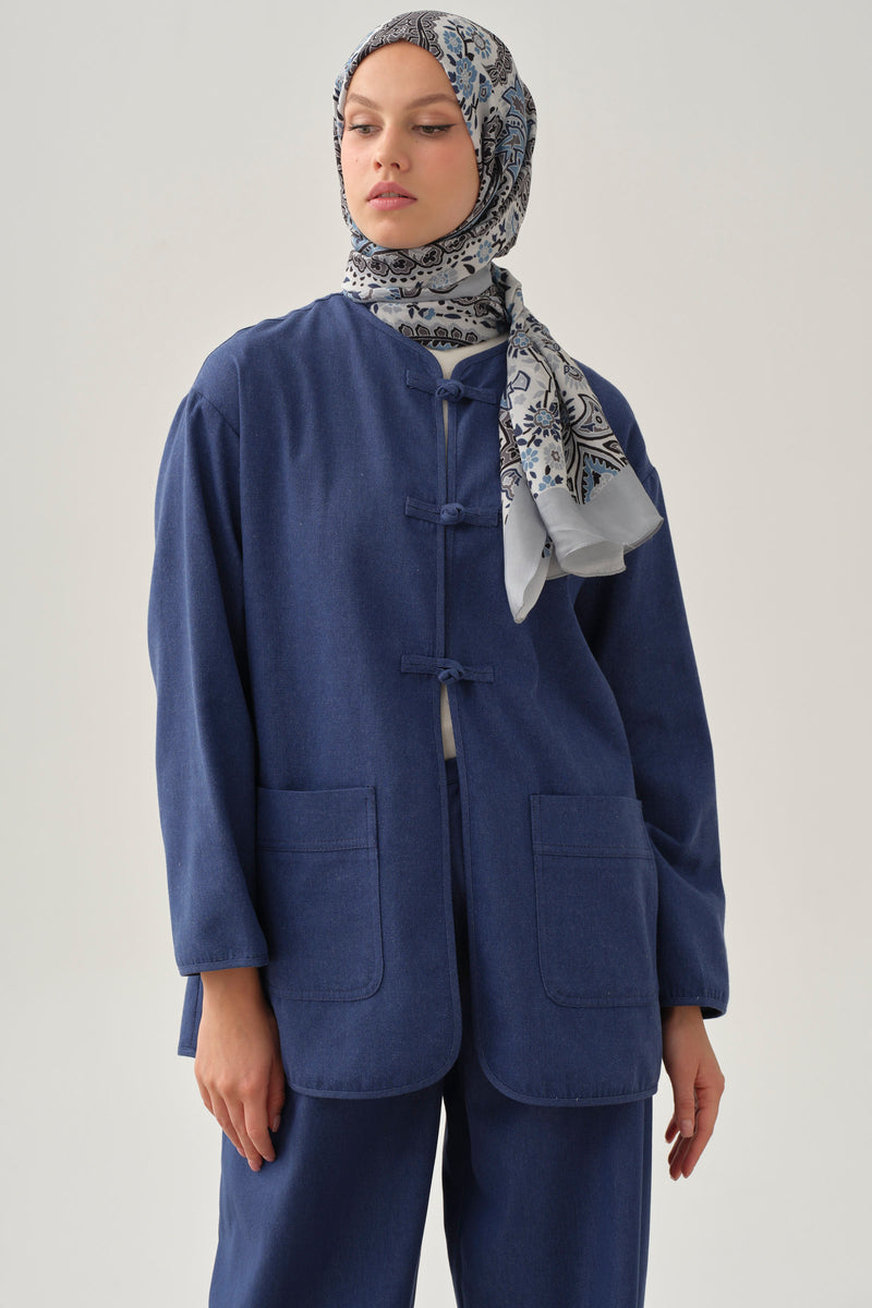 Japon Düğme Detaylı Simli Denim Ceket - İndigo TUGBA