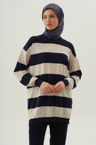 Kalın Çizgili Triko Tunik - Ekru TUGBA