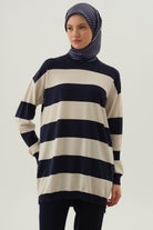Kalın Çizgili Triko Tunik - Ekru TUGBA