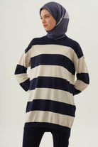 Kalın Çizgili Triko Tunik - Ekru TUGBA