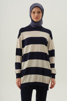 Kalın Çizgili Triko Tunik - Ekru TUGBA