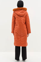 Kapüşonu Kürklü Kapitone Kaban - Oranj TUGBA