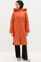Kapüşonu Kürklü Kapitone Kaban - Oranj TUGBA