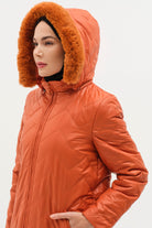Kapüşonu Kürklü Kapitone Kaban - Oranj TUGBA