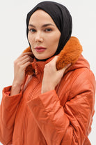 Kapüşonu Kürklü Kapitone Kaban - Oranj TUGBA