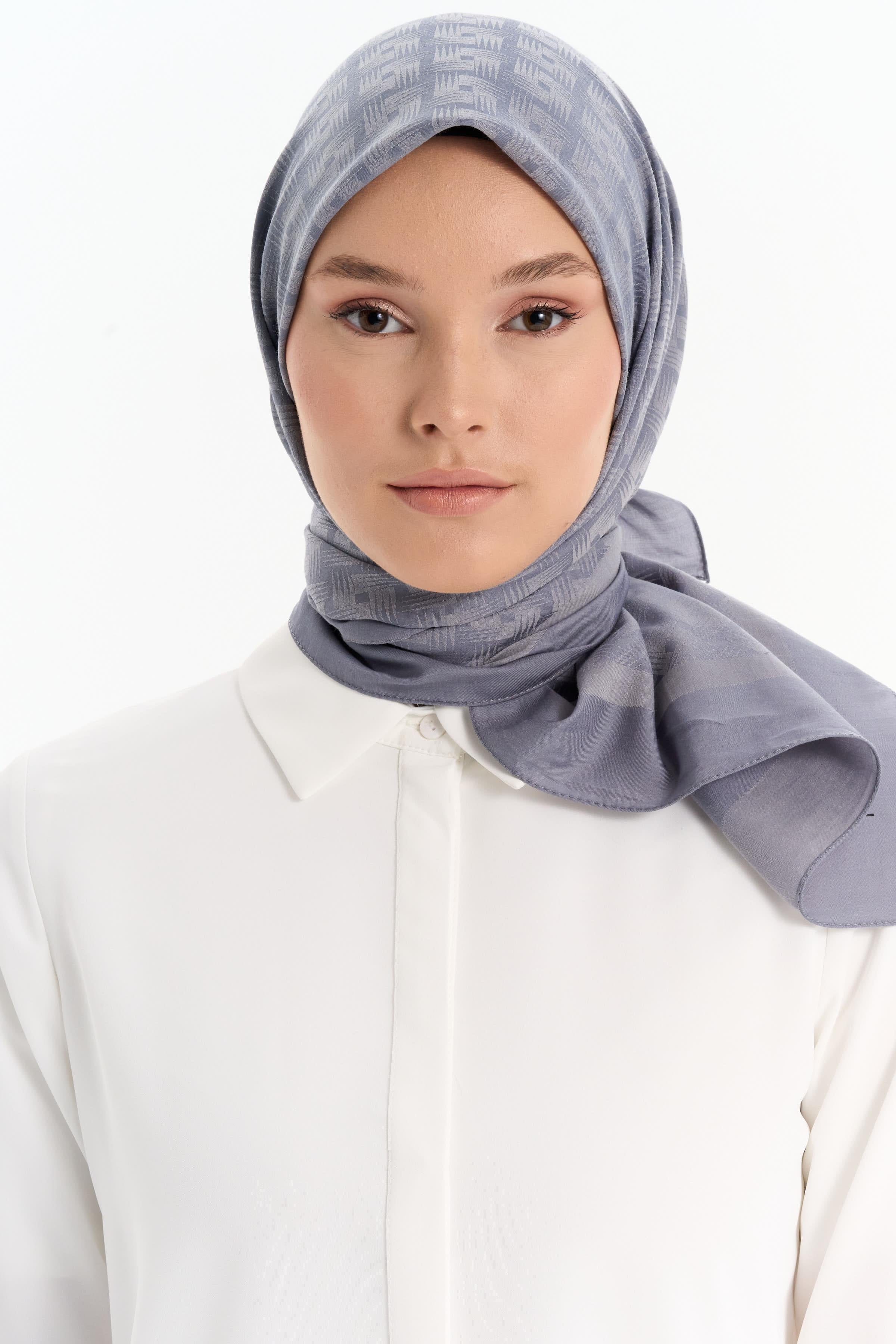 Geometrik Desen Pamuk Eşarp - Koyu Gri TUGBA