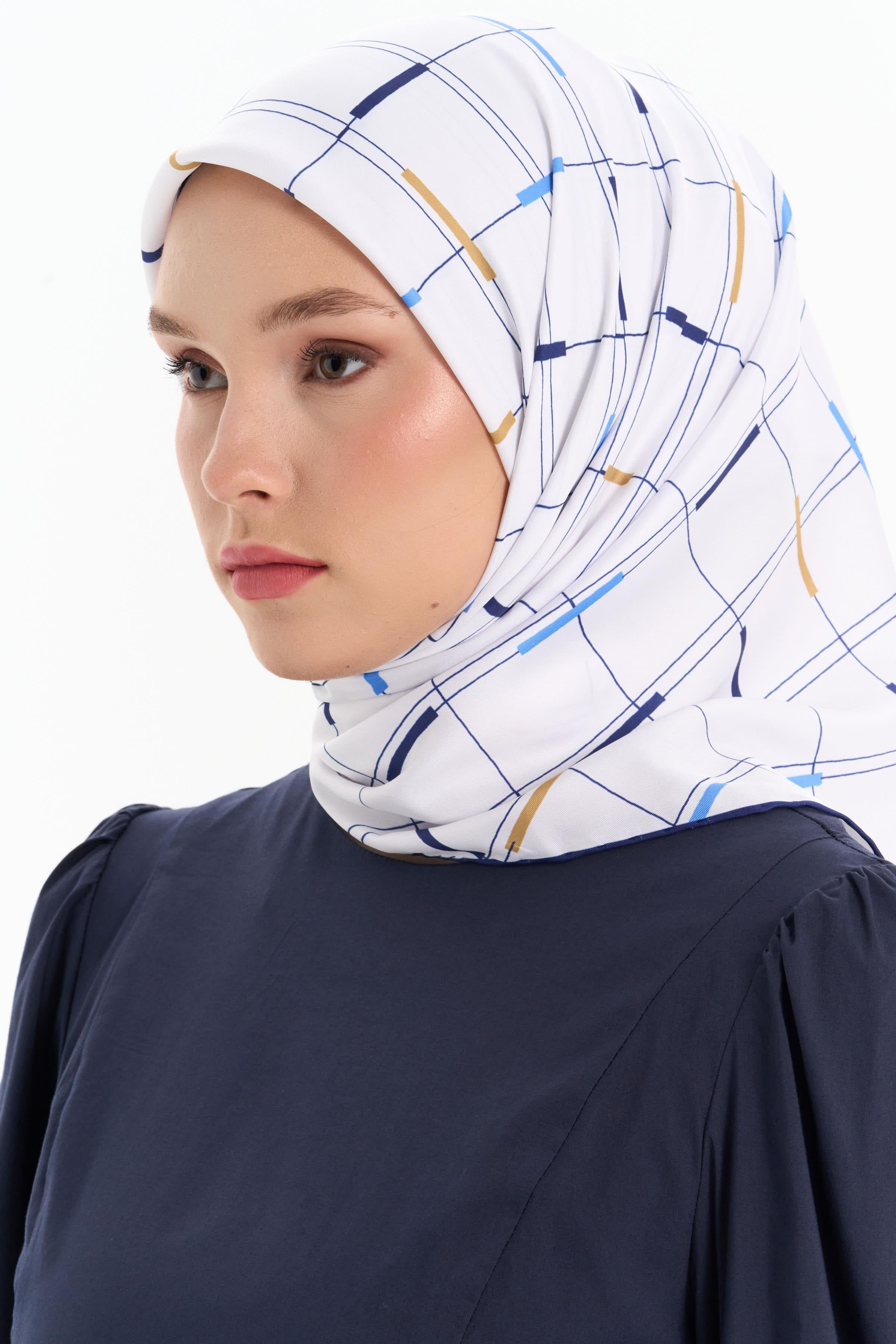 Kare Desenli Stil Eşarp - İndigo TUGBA