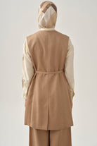 Kemerli Sıfır Yaka Yelek - Bej TUGBA