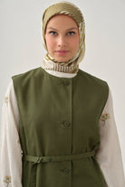 Kemerli Sıfır Yaka Yelek - Haki TUGBA