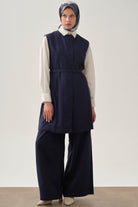 Kemerli Sıfır Yaka Yelek - Lacivert TUGBA