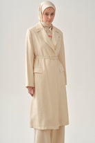 Kemerli Uzun Ceket - Ekru TUGBA