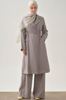 Kemerli Uzun Ceket - Gri TUGBA
