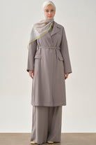 Kemerli Uzun Ceket - Gri TUGBA