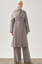 Kemerli Uzun Ceket - Gri TUGBA