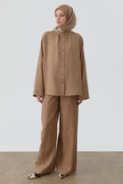 Kesik Detaylı Bol Paça Pantolon - Vizon TUGBA