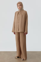 Kesik Detaylı Bol Paça Pantolon - Vizon TUGBA