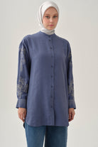 Kollar Nakışlı Tunik - İndigo TUGBA