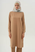 Kollar Plikaşe Düğme Detaylı Tunik - Bej TUGBA