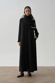 Kolları Boncuklu Nervür Detaylı Abaya Takım - Siyah TUGBA
