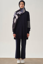 Kolları Çizgili Triko Tunik - Lacivert TUGBA