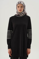 Kolları Çizgili Triko Tunik - Siyah TUGBA