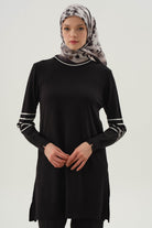Kolları Çizgili Triko Tunik - Siyah TUGBA