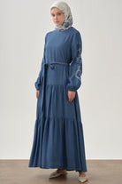 Kolları Nakışlı Elbise - İndigo TUGBA