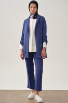 Kolu Bant Detaylı Süs Düğmeli Ceket - İndigo TUGBA