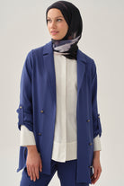 Kolu Bant Detaylı Süs Düğmeli Ceket - İndigo TUGBA