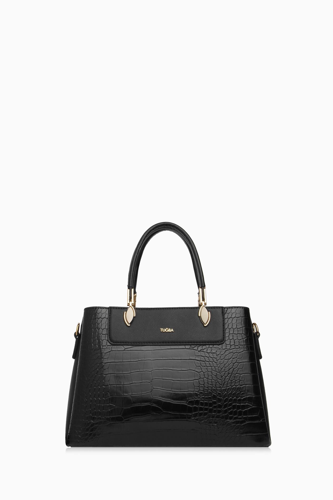 Krokodil Çift Kulplu Çanta - Siyah TUGBA