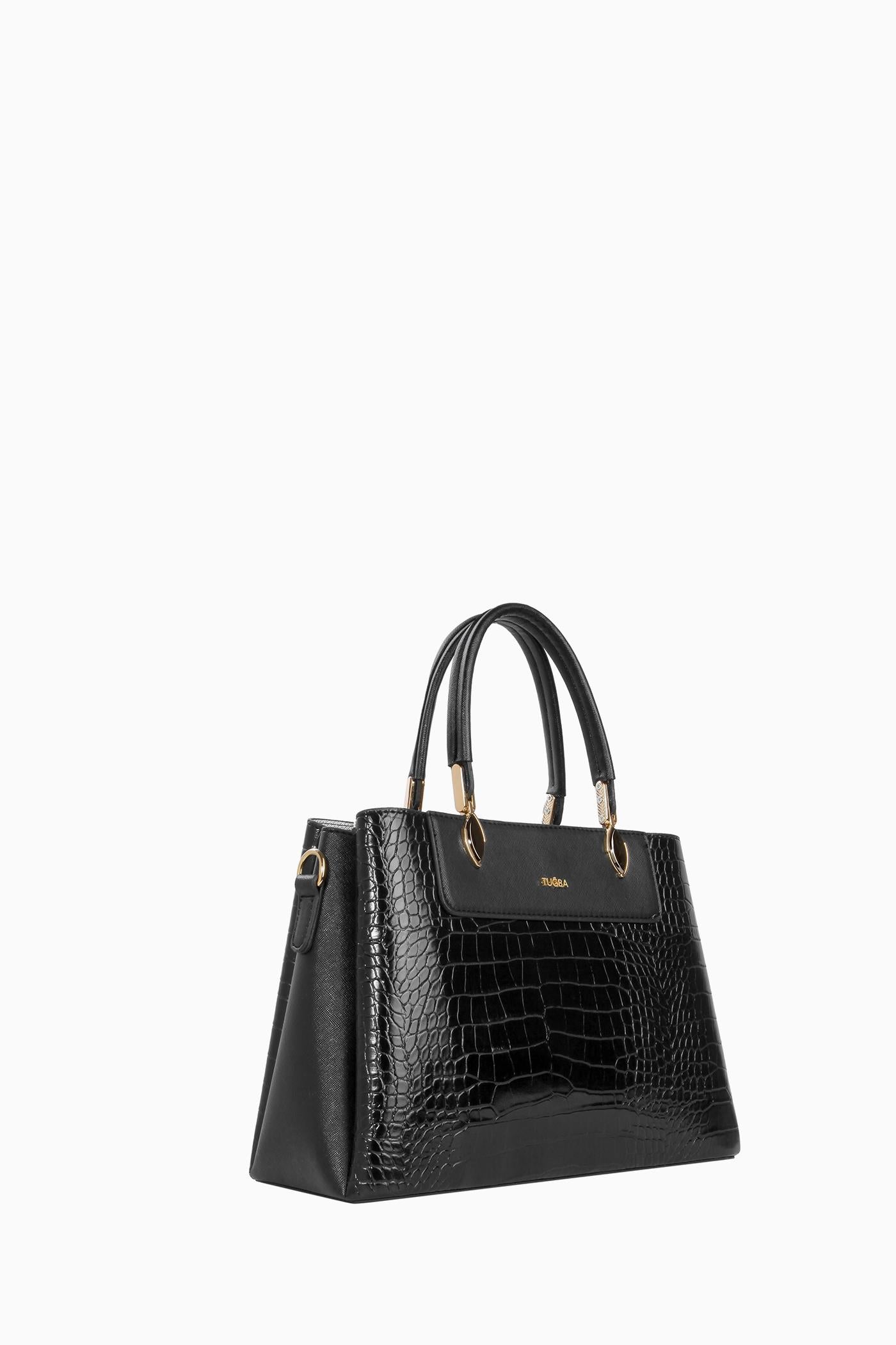 Krokodil Çift Kulplu Çanta - Siyah TUGBA