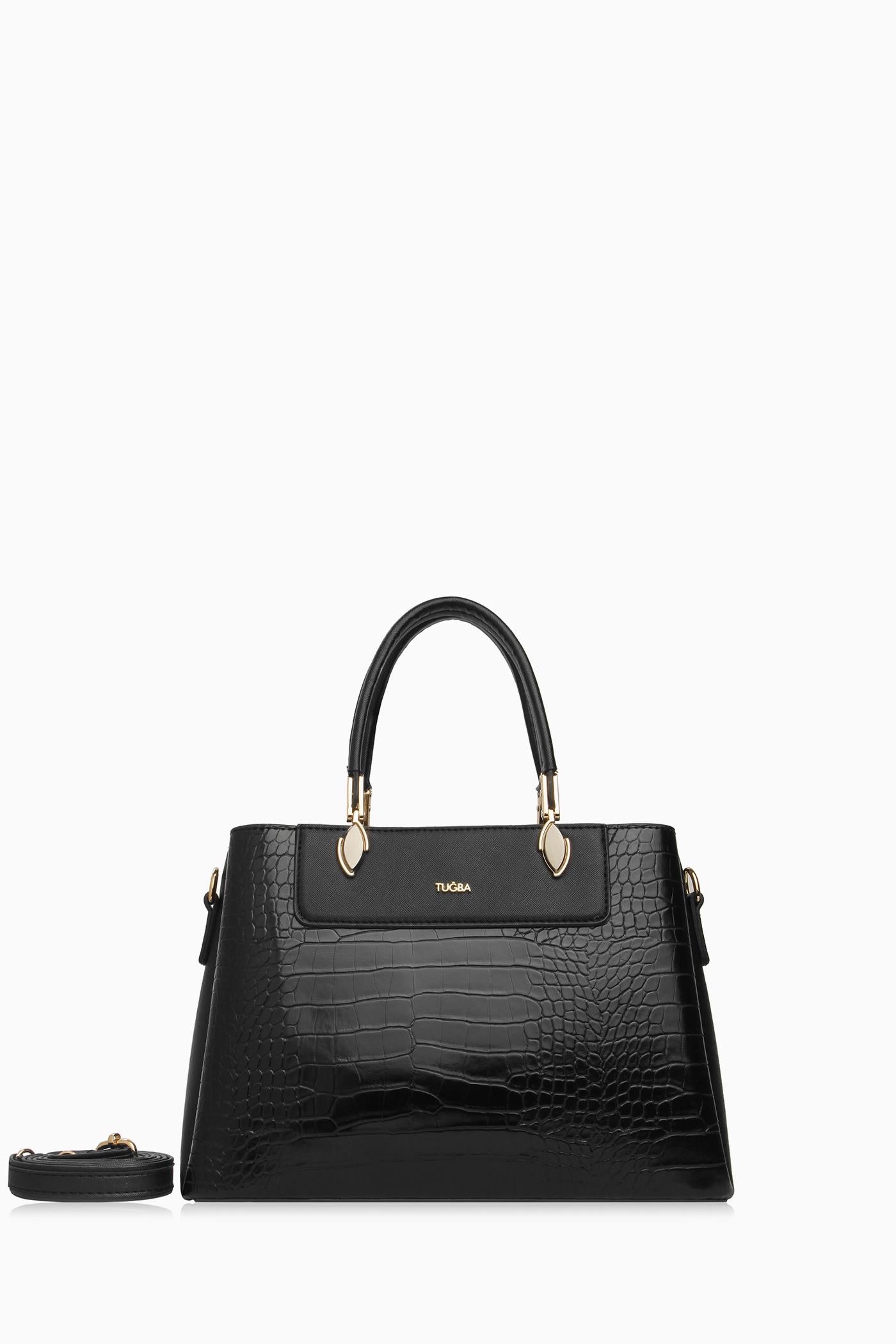Krokodil Çift Kulplu Çanta - Siyah TUGBA