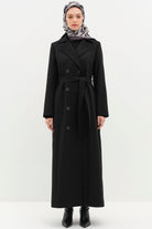 Kruvaze Beli Kuşaklı Manto - Siyah TUGBA