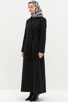 Kruvaze Beli Kuşaklı Manto - Siyah TUGBA