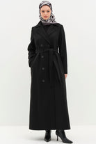 Kruvaze Beli Kuşaklı Manto - Siyah TUGBA