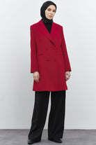Kruvaze Düğmeli Uzun Basic Ceket - Kırmızı TUGBA