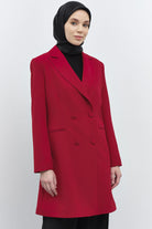 Kruvaze Düğmeli Uzun Basic Ceket - Kırmızı TUGBA
