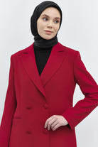 Kruvaze Düğmeli Uzun Basic Ceket - Kırmızı TUGBA