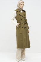 Kruvaze Düğmeli Uzun Yelek - Haki TUGBA